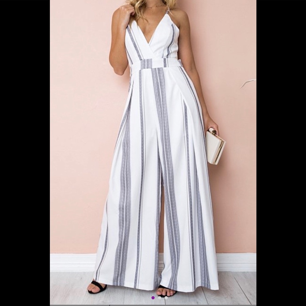 Adorable Blue-gray, white striped women’s jumpsuit